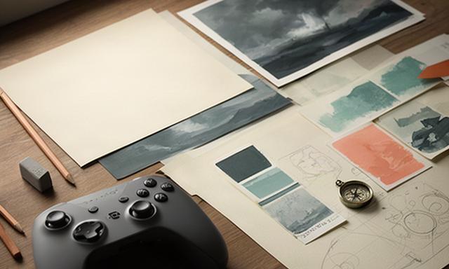 Game concept sketches and a controller on a wooden development desk