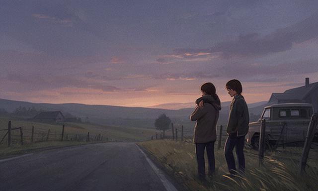 Story game cover art showing two friends under an evening sky beside a rural road