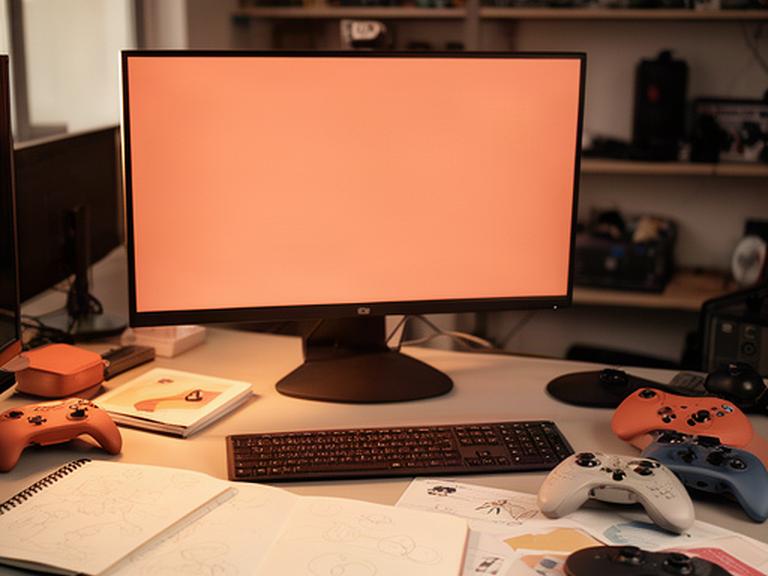 Warmly lit game development workspace with design notes beside a computer monitor