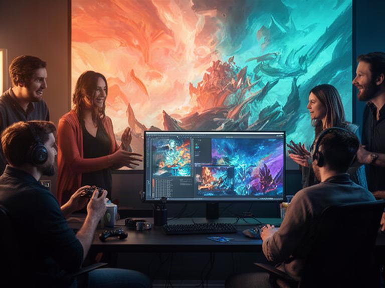 Game developers reviewing colorful game artwork on a large studio screen