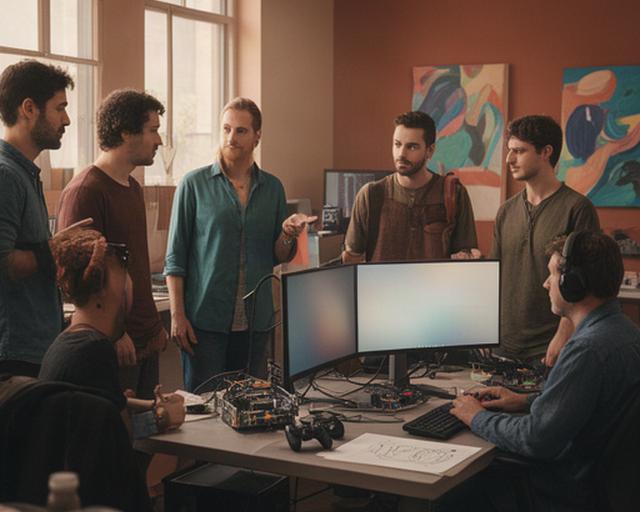 Game development team collaborating beside workstations in a warm Pennsylvania studio