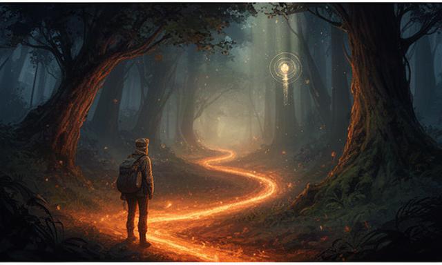 Warm illustrated cover art for Emberline showing a traveller beside a glowing forest path